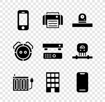 Set Smartphone, Printer, Security camera, Heating radiator, House, Robot va.. Stock Illustration