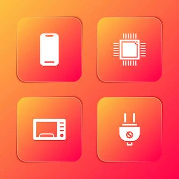 Set Smartphone, Processor with microcircuits CPU, Microwave oven and Electric 库存插图