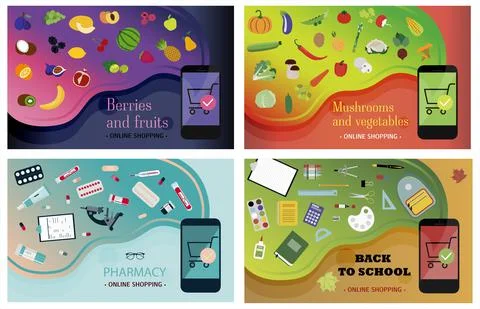 Set of smartphone screens with ordering vegetables, fruits, pharmacy and office Stock Illustration