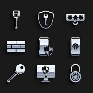 Set Smartphone with security shield, Computer monitor and, Safe combination lock Stock Illustration