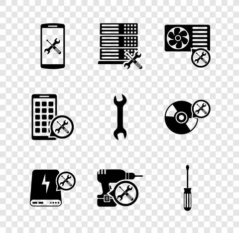 Set Smartphone service, Database server, Air conditioner, Power bank, Drill Stock Illustration