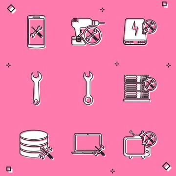 Set Smartphone service, Drill machine, Power bank, Wrench, Database server, and Stock Illustration