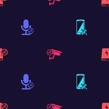 Set Smartphone service, Microphone, Security camera and Power bank on seamless Stock Illustration