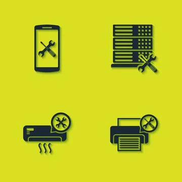 Set Smartphone service, Printer, Air conditioner and Database server icon Stock Illustration