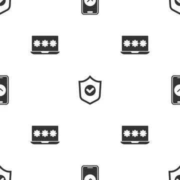 Set Smartphone, Shield with check mark and Laptop password on seamless pattern Stock Illustration