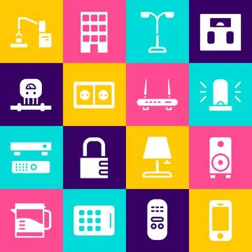 Set Smartphone, Stereo speaker, Flasher siren, Street light, Electrical outlet Illustrazione stock