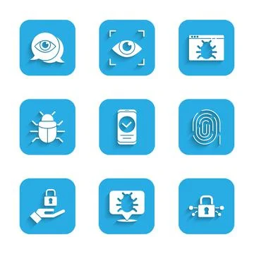 Set Smartphone, System bug, Cyber security, Fingerprint, Lock hand, and Eye scan Stock-Illustration