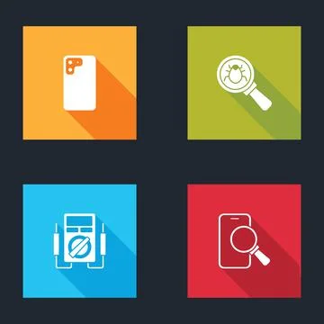 Set Smartphone, System bug, Multimeter and Phone repair service icon. Vector Illustrazione stock