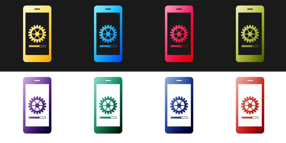 Set Smartphone update process with gearbox progress and loading bar icon 스톡 일러스트