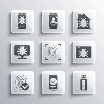 Set Smartphone, USB flash drive, System bug, Fingerprint, mobile and House イラスト素材