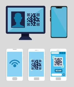 Set smartphones and computer with code qr Stock-Illustration