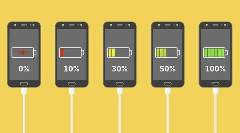 Set of smartphones with battery charge level indicators. Discharged and ful.. 스톡 일러스트