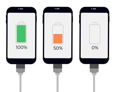 Set of smartphones with battery level indicator and USB connection. Vector Stock Illustration