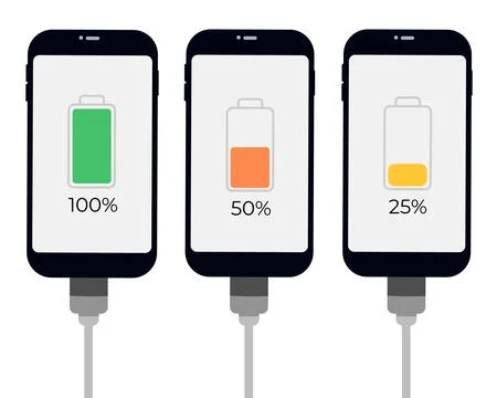 Set of smartphones with battery level indicator and USB connection. Vector Stock Illustration