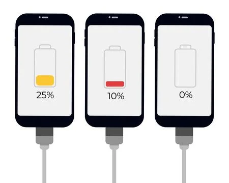 Set of smartphones with battery level indicator and USB connection. Vector Stock Illustration