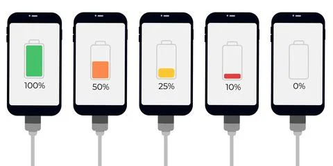 Set of smartphones with battery level indicator and USB connection. Vector Illustrazione stock