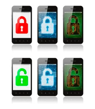 Set of smartphones with interface designs showing cyber security concept Stock Illustration