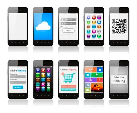 Set of smartphones with interface designs showing different functions and app Stock Illustration