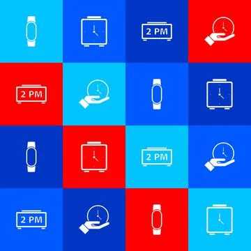Set Smartwatch, Alarm clock, Digital alarm and Clock icon. Vector Illustrazione stock