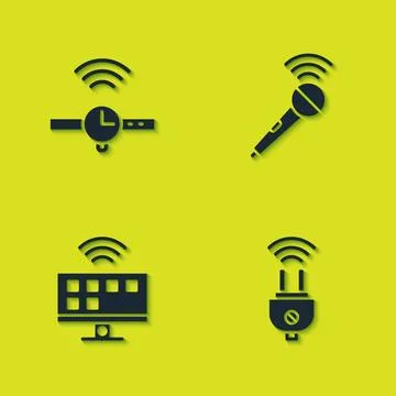 Set Smartwatch, electric plug, Tv system and Wireless microphone icon. Vector 스톡 일러스트