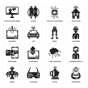 Set of Smartwatch, Kettle, Drone, Cloud computing, Smartphone, Robot, Hologra Free Stock Illustration