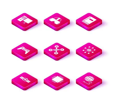 Set Smartwatch, Processor with microcircuits CPU, Gamepad, Drone flying, Social Stock Illustration