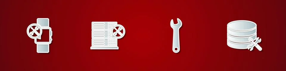 Set Smartwatch service, Database server, Wrench and  icon. Vector Stock Illustration