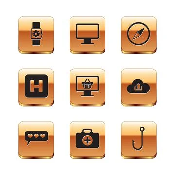 Set Smartwatch setting, Like and heart, First aid kit, Monitor with shopping Stock Illustration