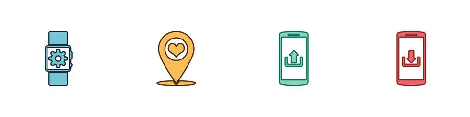 Set Smartwatch setting, Map pointer with heart, Smartphone upload and download Stock Illustration