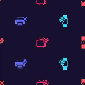 Set Smartwatch setting, Printer, Tv and Wrist on seamless pattern. Vector Stock Illustration