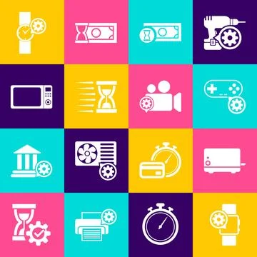 Set Smartwatch setting, Toaster, Gamepad, Fast payments, Old hourglass with.. Illustrazione stock