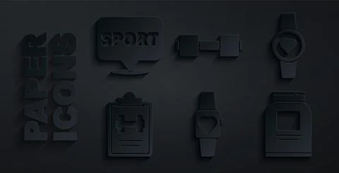 Set Smartwatch, Sport training program, Sports nutrition, Dumbbell and Location Stock-Illustration