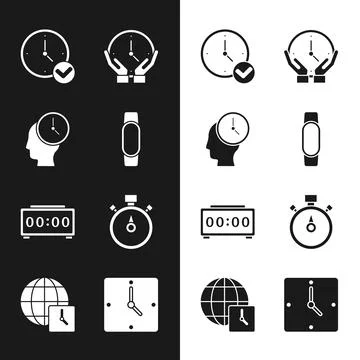 Set Smartwatch, Time Management, Clock, Digital alarm clock, Stopwatch, and Illustrazione stock