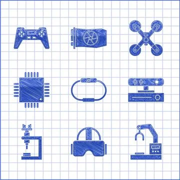Set Smartwatch, Virtual reality glasses, Robotic robot arm hand factory, Motion Stock-Illustration