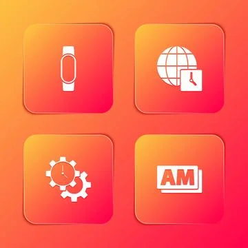 Set Smartwatch, World time, Time Management and Clock AM icon. Vector 스톡 일러스트