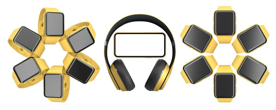 Set of smartwatches arranged in circular patterns with headphones and smartph イラスト素材
