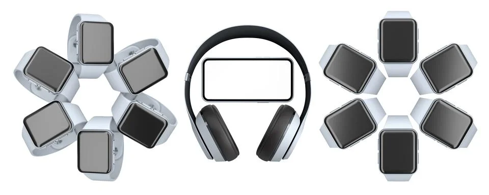 Set of smartwatches arranged in circular patterns with headphones and smartph 库存插图
