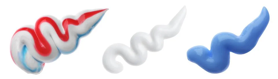 Set with smears of toothpaste on white background, top view. Banner design Stock Photos