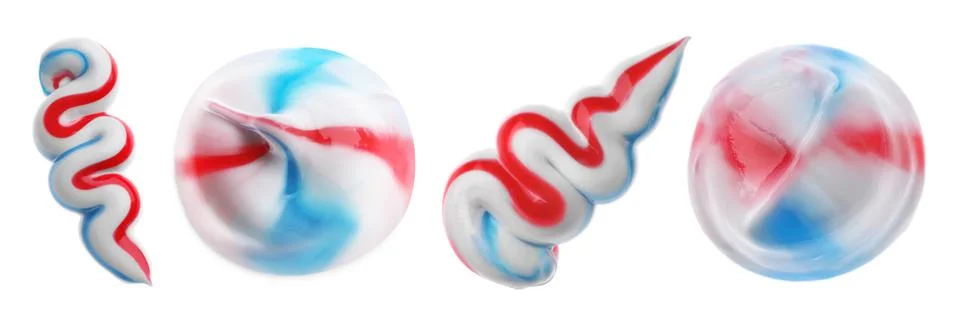 Set with smears of toothpaste on white background, top view. Banner design Stock Photos