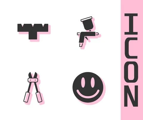 Set Smile face, Marker pen attachment, Bolt cutter and Paint spray gun icon Illustration