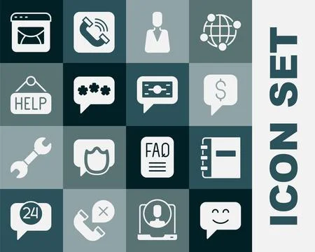 Set Smile face, Notebook, Paid support, Employee, Speech bubble chat, Signb.. Stock Illustration