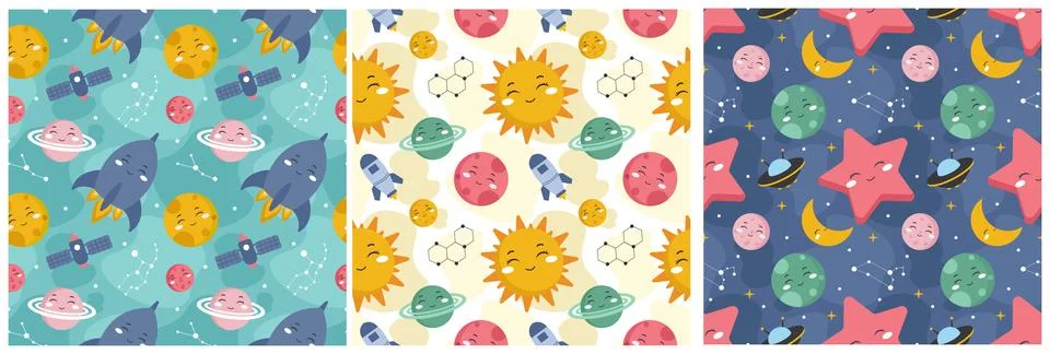 Set of Smile Seamless Pattern Design Illustration with Smiling Character an.. Stock Illustration