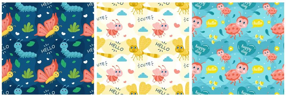 Set of Smile Seamless Pattern Design Illustration with Smiling Character an.. Stock Illustration