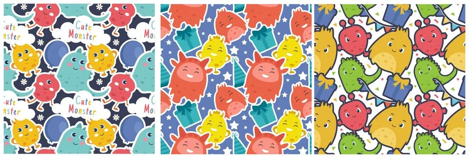 Set of Smile Seamless Pattern Design Illustration with Smiling Character an.. Stock Illustration