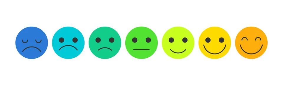 Set of smiley faces. Mood tracking icons, blue to orange. Flat vector isolate Stock Illustration