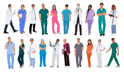 Set of smiling doctors, nurses, paramedics vector. Stock Illustration