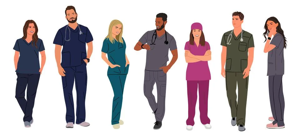Set of smiling doctors, nurses, paramedics vector. Illustrazione stock
