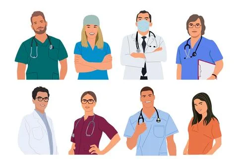 Set of smiling doctors, nurses vector illustration Illustrazione stock