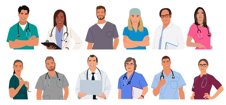 Set of smiling doctors, nurses vector illustration Illustrazione stock
