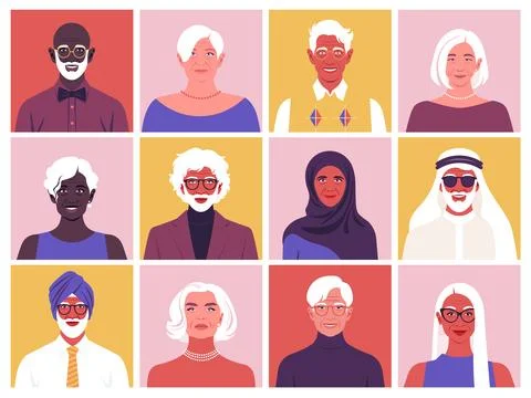 A set of smiling faces of elderly people. Happy grandparents Stock Illustration